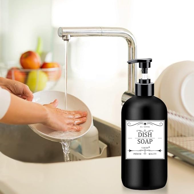 Black Soap Dispenser with Rust Proof Pump, Waterproof Labels (2 Pack,16 Oz), Plastic Hand Soap Dish Soap Dispenser for Kitchen, Premium Thick Soap Pump Bottles - Image 6