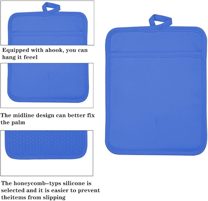 Oven Pot Holder with Pocket Cotton Heat Resistant Coaster Potholder Kitchen Hot Pad Oven Mitts for Cooking and Baking Square 7"x9" (Klein Blue, Silicone) - Image 3