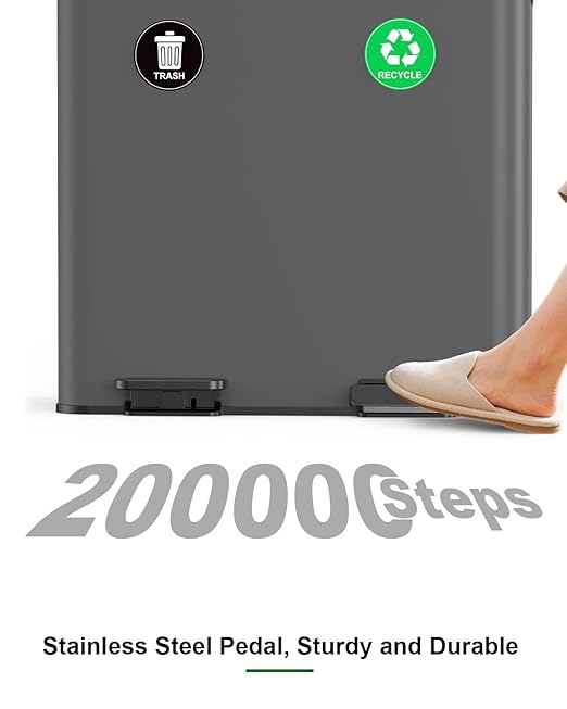 Lovewind 2×11.5 Gallon Dual Trash Can, Stainless Steel Dual Garbage and Recycling Can with Foot Pedal, 90° Stay-Open Lid, Pet-Proof Design – Large Dual Compartment Trash Recycling Bins Kitchen, Grey