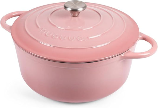 Nuovva Enamelled Cast Iron Dutch Oven Pot with Lid 6.4 Quart Non Stick Casserole Pot – Heavy Duty & Oven Safe up to 500° F for Bread Baking, Braising, Stews, Roasting – 28cm Pink by Nuovva