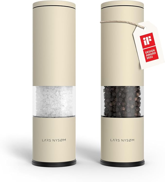 LARS NYSØM Salt and Pepper Grinder Set Manual, Stainless Steel Salt and Pepper Mills with Adjustable Ceramic Grinder I Design Spice Shakers (Almond Beige) by LN