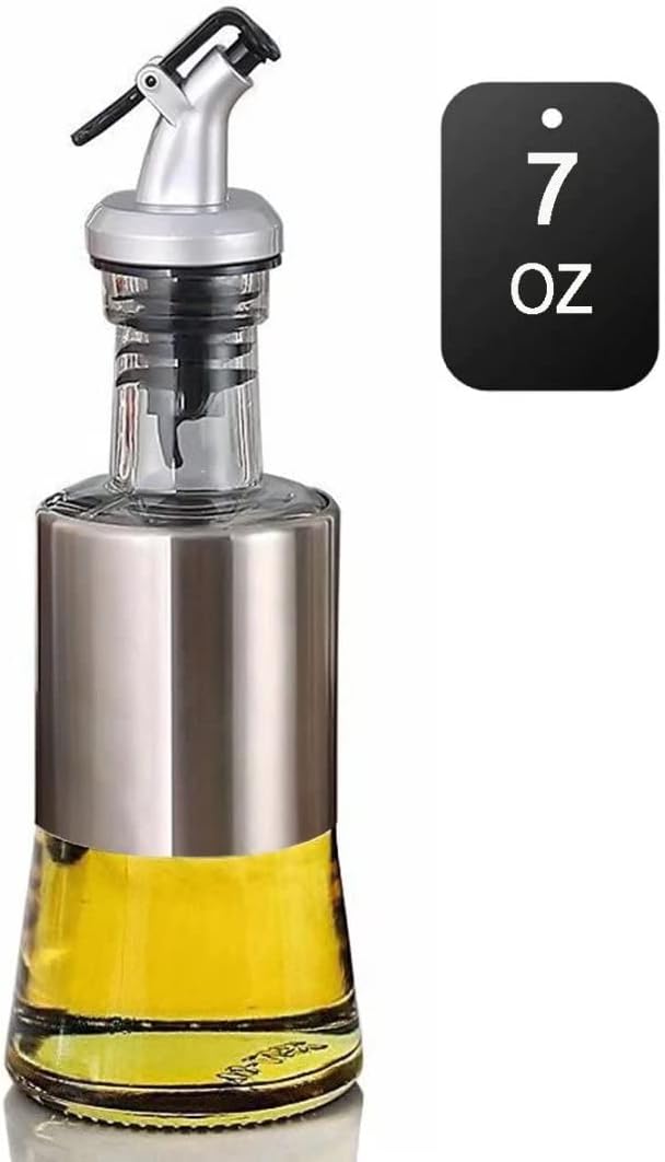 Mincham Olive Oil Dispenser - 7oz (200ml) Glass & Stainless Steel Oil & Vinegar Cruet with No-drip Spout & Pouring Funnel by Mincham
