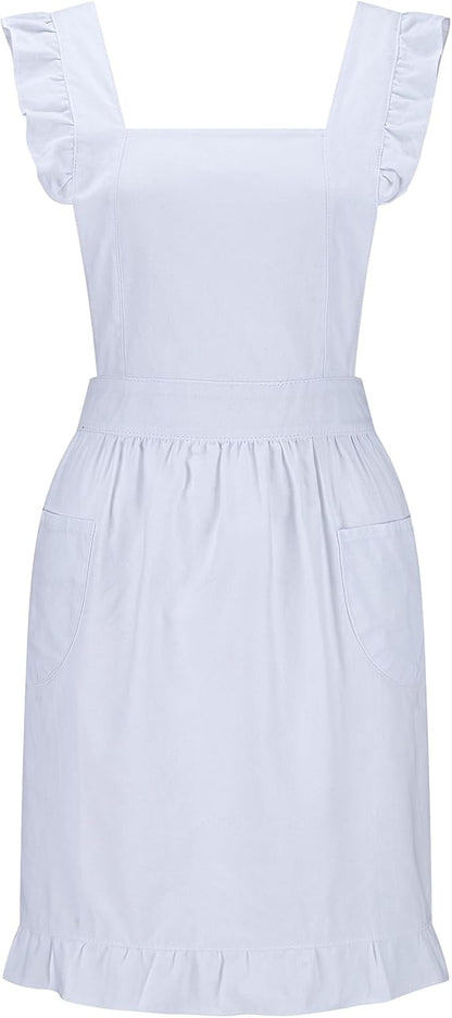 Hyzrz Retro Adjustable Ruffle Aprons with Pockets for Women Girls Vintage Cross Back Pinafore Dress Maid Costume Apron