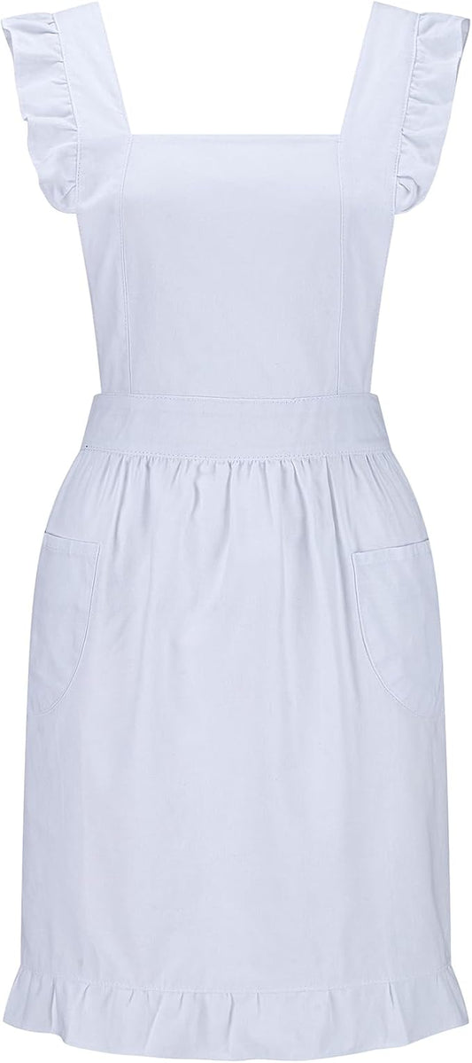 Hyzrz Retro Adjustable Ruffle Aprons with Pockets for Women Girls Vintage Cross Back Pinafore Dress Maid Costume Apron