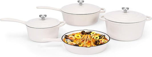 QuliMetal Nonstick Enameled Cast Iron Cookware Set, 4-Pcs Pots and Pans with Lids, Healthy Round Dutch Oven Pot for Sourdough Bread Baking, Oven Safe up to 500°F, Compatible with All Stovetops