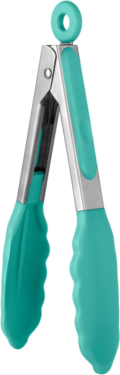 600ºF Heat Resistant Kitchen Tong: U-Taste 7in Silicone Cooking Tong with Firm Sealed Non Stick Rubber Tips & Silicon Coated 18/8 Stainless Steel Handle & Smooth Locking for Serving Salad (Aqua Sky) by U-Taste