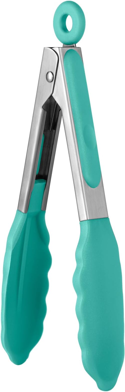 600ºF Heat Resistant Kitchen Tong: U-Taste 7in Silicone Cooking Tong with Firm Sealed Non Stick Rubber Tips & Silicon Coated 18/8 Stainless Steel Handle & Smooth Locking for Serving Salad (Aqua Sky) by U-Taste