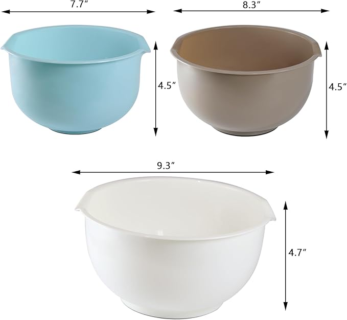 Set of 3 Mixing Bowls with Pour Spout-Nesting Design Saves Space - Non-Slip, BPA Free, Dishwasher Safe Plastic - Kitchen Cooking and Baking Supplies (Blue Grey white) - Image 2