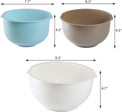 Set of 3 Mixing Bowls with Pour Spout-Nesting Design Saves Space - Non-Slip, BPA Free, Dishwasher Safe Plastic - Kitchen Cooking and Baking Supplies (Blue Grey white) - Image 2