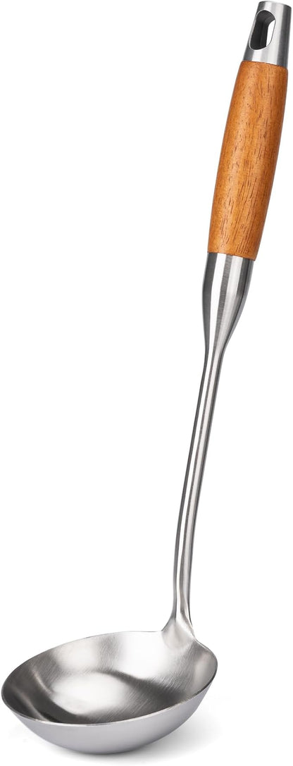 FJNATINH Soup Ladle, Stainless Steel Ladle with Heat Resistant Wooden Handle, Food Grade Metal Cooking Soup Spoon Kitchen Tools, Easy to Clean by HOMEKITCHENTOOL