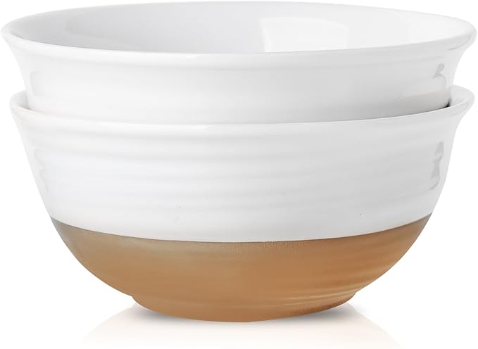 HASENSE Large Ceramic Serving Bowls Set of 2, 60 Oz 8.5 Inch White & Terracotta Stoneware Bowls, Farmhouse Bowls for Salad, Soup & Pasta, Dishwasher & Microwave Safe, Christmas Entertaining Dishes by Hasense