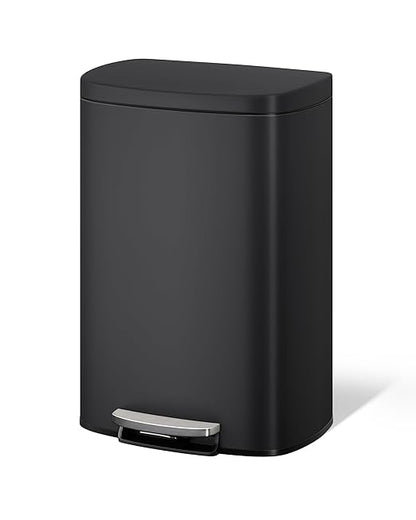Garvee 13 gal / 50 L Metal Kitchen Trash Can with Lid, Large Rustproof Garbage Can for Kitchen, Step-on Trash Bin with Inner Bucket, Rear Handle, Soft Close Lid, Black by Garvee