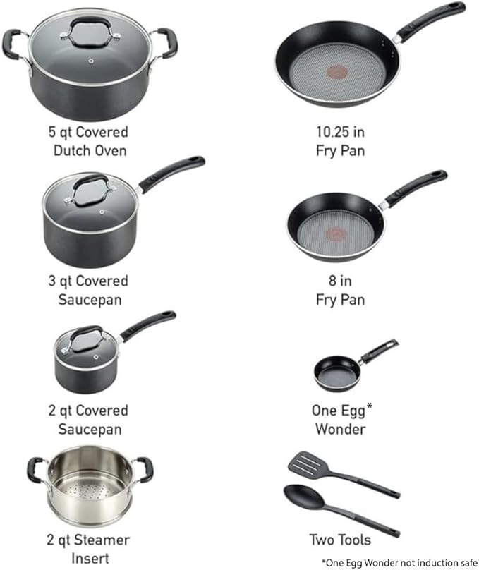 T-fal Experience Nonstick Cookware Set 12 Piece, Induction, Oven Broiler Safe 350F, Kitchen Cooking Set w/Fry Pans, Saucepan, Stockpot, Kitchen Utensils, Pots and Pans, Dishwasher Safe, Black - Image 2