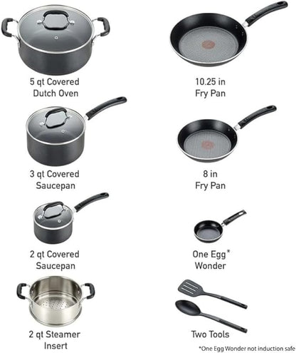 T-fal Experience Nonstick Cookware Set 12 Piece, Induction, Oven Broiler Safe 350F, Kitchen Cooking Set w/Fry Pans, Saucepan, Stockpot, Kitchen Utensils, Pots and Pans, Dishwasher Safe, Black - Image 2