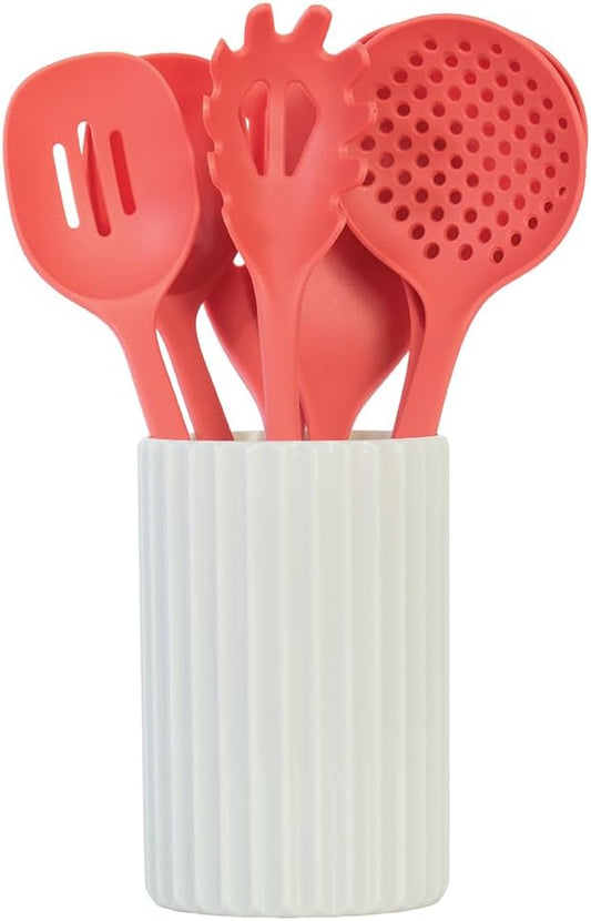 Glad Kitchen Utensils Set, 8pcs - Nonstick Cooking Tools with Utensil Holder - Nylon Spoon, Ladle, Skimmer, Spaghetti Server, and Turner Spatula Set - Dishwasher Safe, Rust by GladTrashFoodStorage