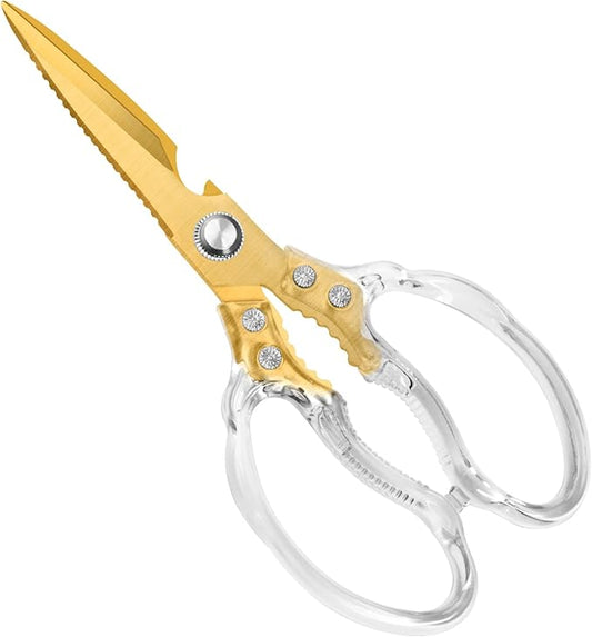 CGBE Kitchen Scissors, Multi-Purpose Kitchen Shears, Heavy Duty Food Scissors for Chicken, Poultry, Fish, Meat & Herbs with Non-Slip Grips - Transparent Gold by CGBE