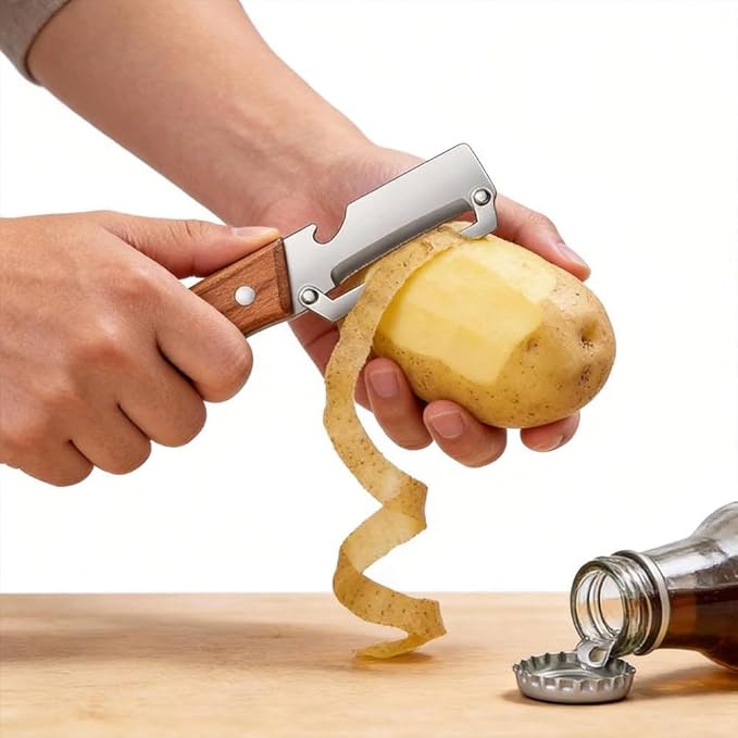 2PCS Multifunctional Vegetable Peeler, 2-in-1 Multifunctional Stainless Steel Peeler, Zero Snag Wooden Peeler, Potato Fruit Pumpkins Kitchen Peelers with Bottle Opener - Image 7