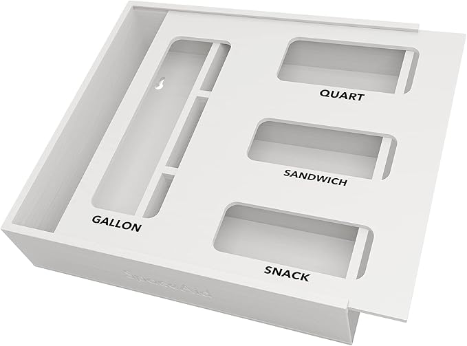 SpaceAid Bag Storage Organizer for Kitchen Drawer, Bamboo Organizer, Compatible with Gallon, Quart, Sandwich and Snack Variety Size Bag (1 Box 4 Slots), White by SpaceAid