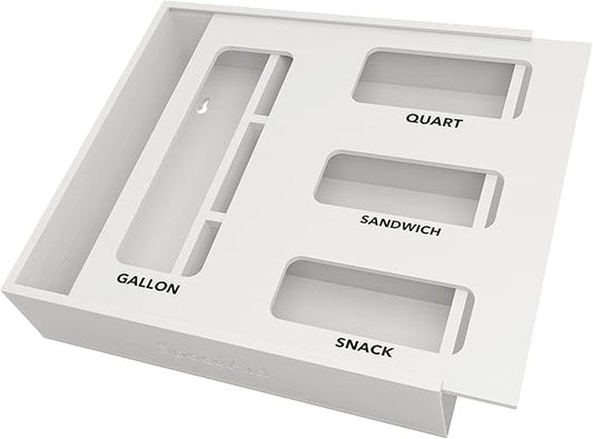 SpaceAid Bag Storage Organizer for Kitchen Drawer, Bamboo Organizer, Compatible with Gallon, Quart, Sandwich and Snack Variety Size Bag (1 Box 4 Slots), White by SpaceAid