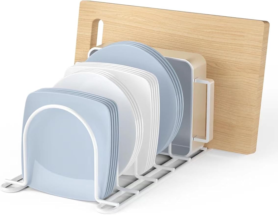 JAQ Plate Rack for Cabinet, 10.5" Vertical Dish Organizer for Plates, Pot Lids, Cutting Boards & Baking Sheets, Metal Kitchen Cabinet Organizer for Pantry Countertop (2-Pack, White) - Image 2