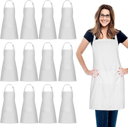 Jubatus 12 Pack 100% Cotton Aprons Bulk with 2 Pockets Cooking Chef Kitchen Adjustable Bib Apron for Women Men, White by Jubatus