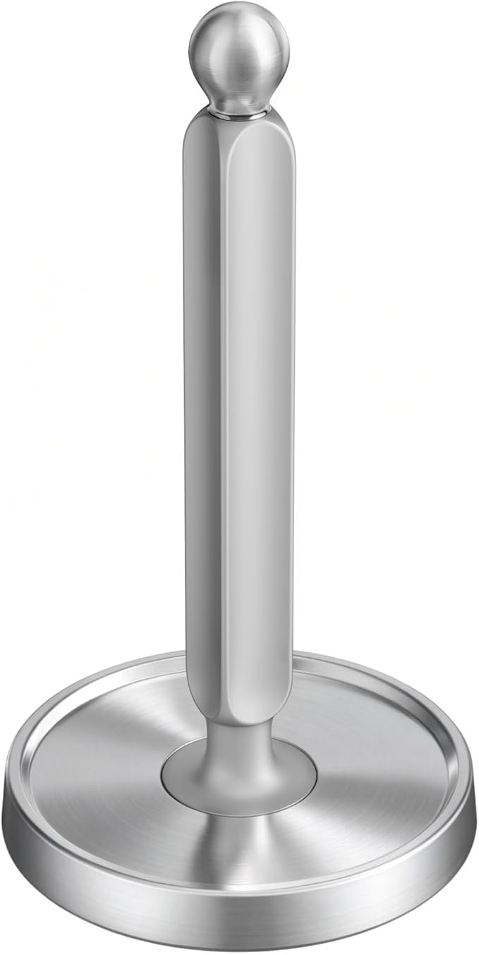 theaoo Paper Towel Holder Countertop, One-Handed Tear Paper Towel Stand Dispenser with Damping Function for Kitchen Bathroom, Stainless Steel Paper Towel Holder with Weighted Non-slip Base (1, Silver) by theaoo