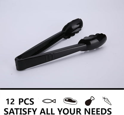 Plastic Tongs for Kitchen, Disposable Utensils Set, 12 Pieces, 9 Inch Heavy Duty Scalloped Salad Serving Tongs, Food Safe Material, Perfect for Buffets and BBQ (12, Black) - Image 4