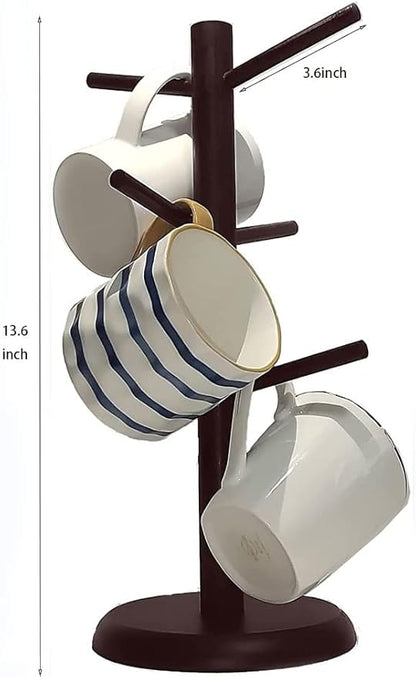 Dorhors Mug Tree,Coffee Cup Holder with 6 Hooks,Wood Mug Holder for Counter,Coffee Bar Accessories and Orgnizer Station (Brown)