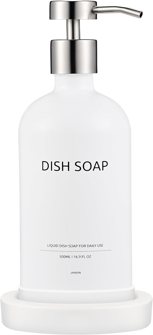 Glass Soap Dispenser Bathroom Set by Janxin, Foaming Kitchen soap Dispenser with Ceramic Tray for Dish Soap, Liquid Soap Dispenser for Hand Soap, Lotion, Body Wash (White+Silver)