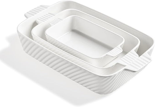 Sweejar Ceramic Baking Dish Set, Cake Baking Dish for Brownie, Porcelain Striped Casserole Dishes for Oven with Handle for Lasagna, Family Dinner(White) by Sweejarco1949