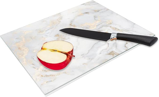 JAMBALAY Tempered Glass Cutting Board for Kitchen, 12"x8" Marble Pattern Cutting Board, Glass Chopping Board with Rubber Non Slip Feet, Heat and Scratch Resistant, Dishwasher Safe, White Golden