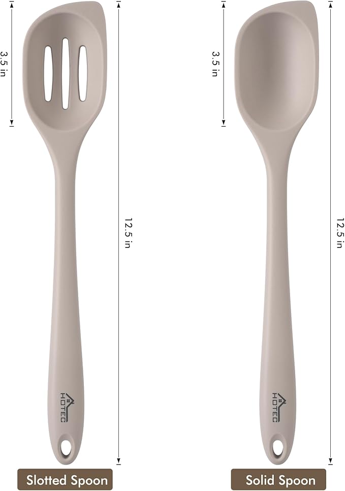 HOTEC Heat Resistant Silicone Cooking Spoon Spatula, Large Kitchen Solid and Slotted Spoons for Mixing, Serving, Scraping, Non-stick, Dishwasher Safe Khaki 12.5inch - Image 2
