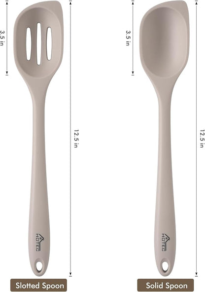 HOTEC Heat Resistant Silicone Cooking Spoon Spatula, Large Kitchen Solid and Slotted Spoons for Mixing, Serving, Scraping, Non-stick, Dishwasher Safe Khaki 12.5inch - Image 2