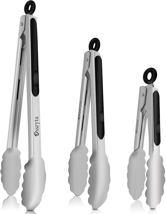 Stainless Steel Cooking Tongs Set of 3 - Heavy Duty 12/9/7 Inch Locking Tongs, Heat Resistant to 600 Degrees, Food Grade Kitchen Metal Tong for Food, Salad, & BBQ - Dishwasher Safe by Unknown