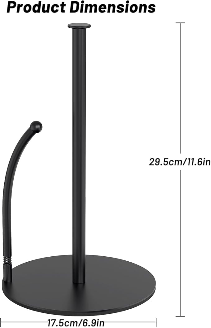 VEHHE Paper Towel Holder Countertop with Spring Arm, EVA Non-Slip Base, Freestanding Paper Towel Holder for Kitchen Bathroom (Black)