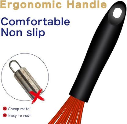 OYV Red Silicone Whisk, Sealed Waterproof Design Set of 3, Professional Kitchen Whisks for Cooking Non-Scratch, Silicone & Stainless Steel Whisk, Heat Resistant 480°F Balloon Egg Beater - Image 5