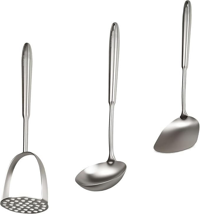 304 Professional Potato Masher, Stainless Steel Cooking Utensils Set, 3 PCS Long Large Metal Cooking Utensil Tools Set, Mirror Polished Kitchen Gadget Kitchen Tool Set, Dishwasher Safe