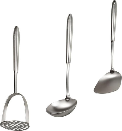 304 Professional Potato Masher, Stainless Steel Cooking Utensils Set, 3 PCS Long Large Metal Cooking Utensil Tools Set, Mirror Polished Kitchen Gadget Kitchen Tool Set, Dishwasher Safe