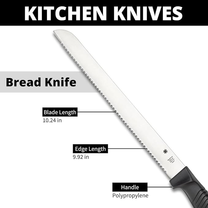 Spyderco Lightweight Kitchen Bread Knife with 10.25" MBS-26 Stainless Steel Blade and Black Polypropylene Handle - SpyderEdge - K01SBK
