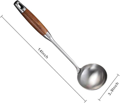 Soup Ladle,304 Stainless Steel Cooking Ladle Spoon Wok Tools with Long Wooden Handle Heat Resistant,Silver/14.6Inch - Image 2
