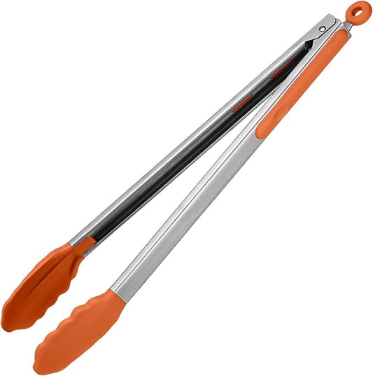 600ºF Heat Resistant Kitchen Tongs: U-Taste 16 inch Extra Long Large Silicone Cooking Tong with Sturdy Non Stick Rubber Tips & Non Slip Silicon Coated 18/8 Stainless Steel Handle for Grill BBQ(Orange) by U-Taste