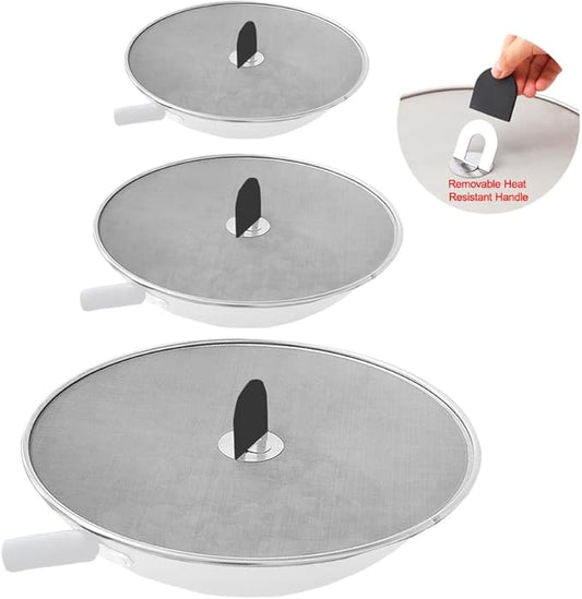 Snowyee Grease Splatter Guard, 3PCS Splatter Screen with Silicone Heat Resistant Handle and Stainless Steel Fine Mesh Design for Safe Indoor and Outdoor Cooking (13/11.5/10 inch and 33/29/25cm) by Snowyee