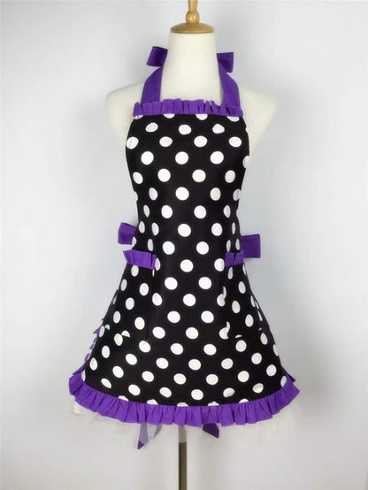 Hyzrz Cute Apron Retro Black Polka Dot Retro Ruffle Side Vintage Cooking Aprons with Pockets for Women Girls (Side Purple)