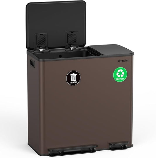 Lovewind Dual Trash Can, 14 + 6 Gallon Garbage Can for Kitchen Dual Compartment Recycling Kitchen Step Trash Bin, Stainless Steel Trash and Recycle Bin Combo with Soft-Close Lid, Brown by LOVEWIND