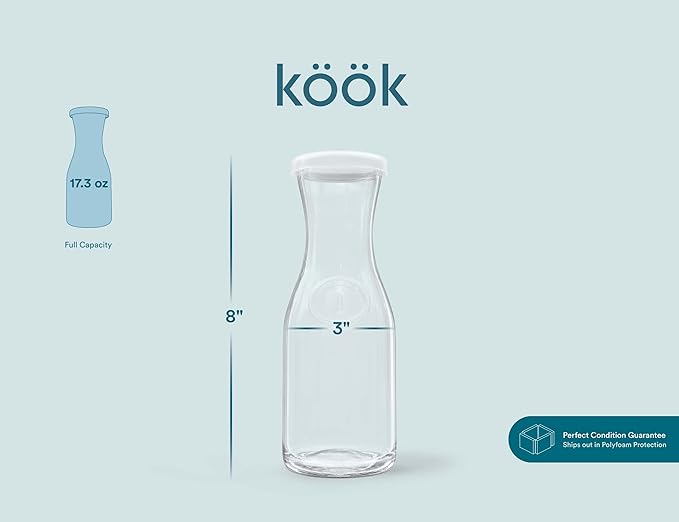 Glass Carafe Pitchers, by Kook, Mini Carafes- set of 6, Beverage Dispensers, Clear Jugs For Mimosas, Water, Wine, Milk and Juice, with Plastic Lids, Dishwasher Safe 17.3 oz - Image 8