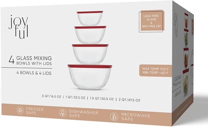 JoyJolt Kitchen Mixing Bowls - 8pc Glass with Lids Set – Neat Nesting Large Bowl Batter Cooking Storage and Big Salad BPA-Free Red - Image 7