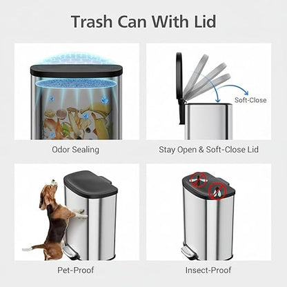 Garvee Stainless Steel Trash Can, 50 L/13 gal Hands Free Garbage Can with Soft Close Lid and Foot Pedal, Metal Kitchen Waste Bin with Inner Bucket for Living Room, Office, D Shape, Silver - Image 7