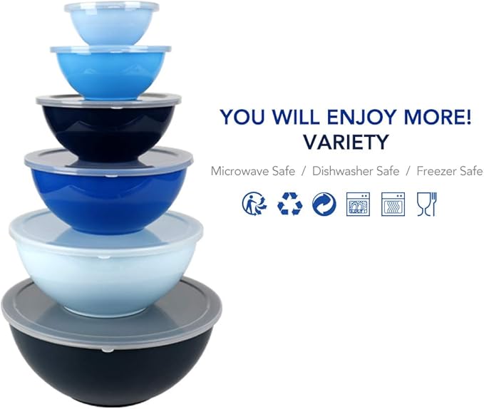 BoxedHome BPA Free Plastic Round Mixing Bowl with Lids, 12 Pack Nesting Bowls with Lids Set, Microwave and Dishwasher Safe Prep & Serving Bowls Great for Mixing, Baking, Serving (Blue, 12pcs) - Image 2