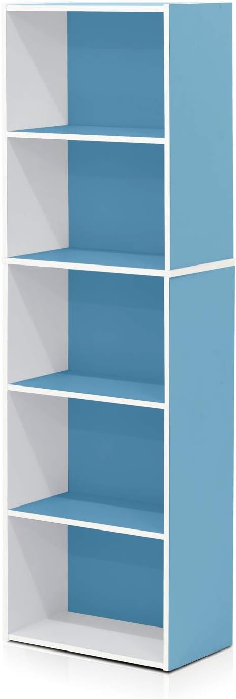 Furinno LUDER Book Shelf, 5-Tier Bookshelf, Bookcase with Open Shelves, 9.4 x 15.8 x 52, Easy Assembly, for Living Room, Bedroom, Home Office, White/Light Blue - Image 6