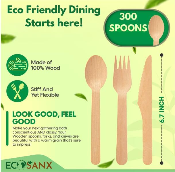 ECOSANX® 300 PCs Wooden spoons for eating, 6.5" Splinter Free small disposable spoons, Eco-Friendly, 100% All-Natural Compostable spoons for Outdoor, Bamboo spoon Disposable for Camping Events & More - Image 2